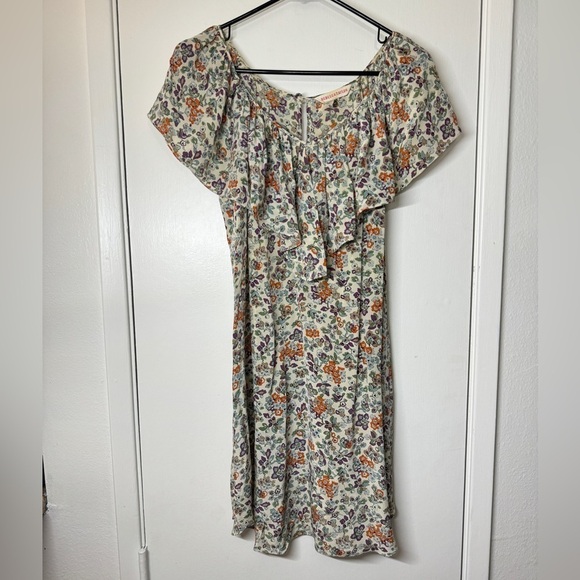 Rebecca Taylor 100% Silk Cream Orange Purple Floral Print Ruffle Mini Dress 10 - Picture 1 of 13